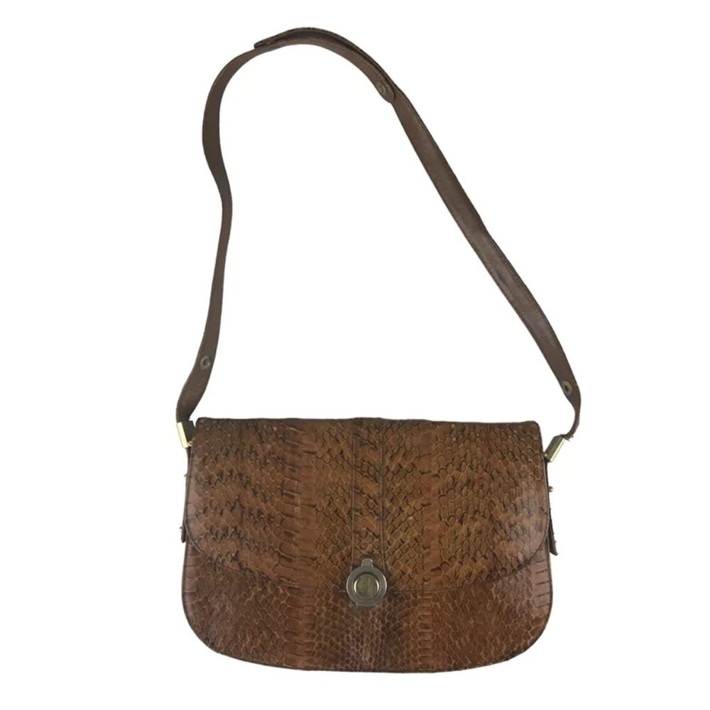 Womens Brown Snakeskin Leather Inner Divider Pockets Shoulder Bag Size Medium